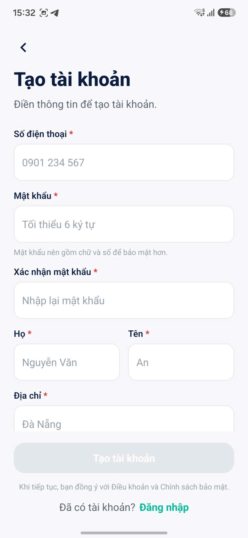 Ứng dụng PINA Tracking — Tạo tài khoản